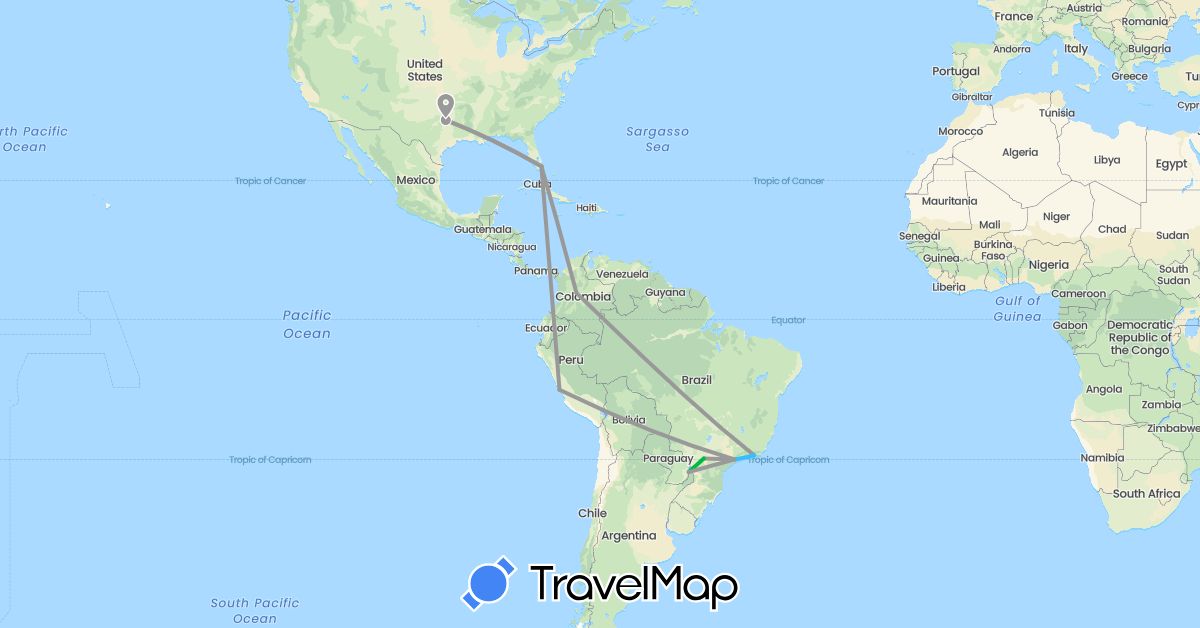 TravelMap itinerary: driving, bus, plane, boat in Brazil, Colombia, Peru, United States (North America, South America)